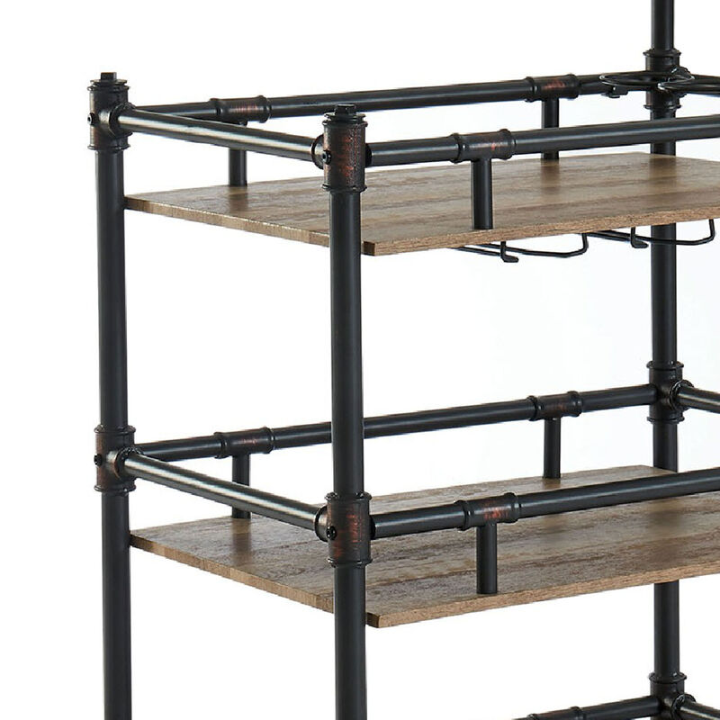 Rustic Three Tier Wood and Metal Serving Cart, Black and Brown - Benzara