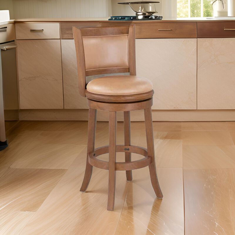Haley 30 Inch Swivel Barstool Chair, Chestnut Brown Wood, Faux Leather - Benzara