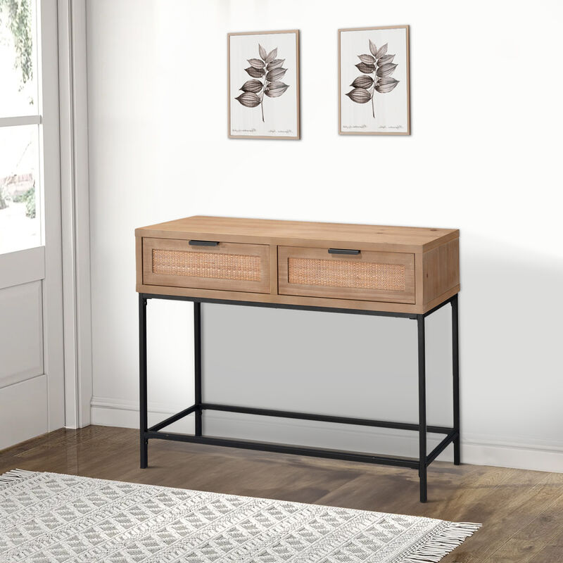 Console Table with Woven Rattan Front Drawers, Brown-Benzara