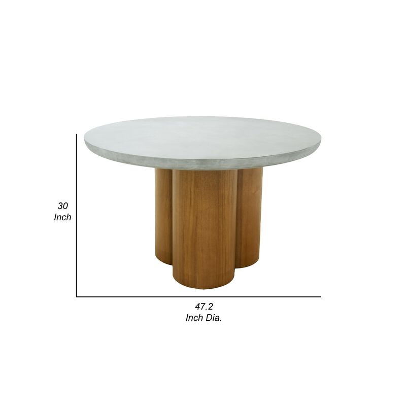 Cid Ziv 47 Inch Dining Table, Gray Faux Concrete Round Top, 3 Pillar Base - Benzara