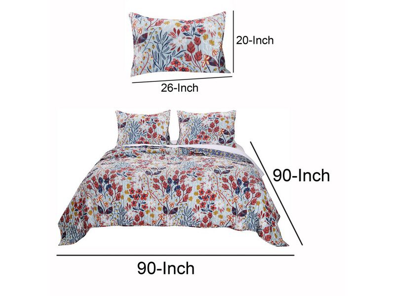 Full Size 3 Piece Polyester Quilt Set with Floral Prints, Multicolor - Benzara