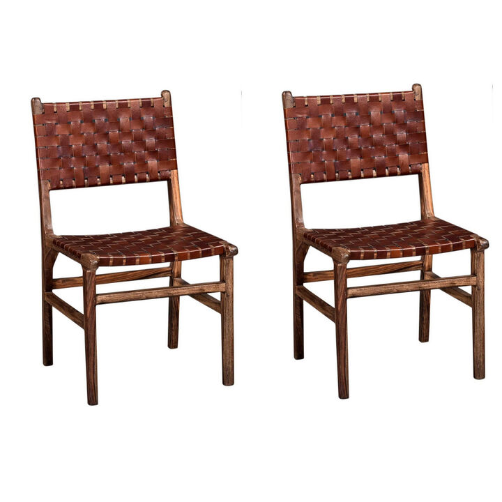 34 Inch Set of 2 Wood Dining Chairs, Leather Woven Back and Seat, Brown - Benzara
