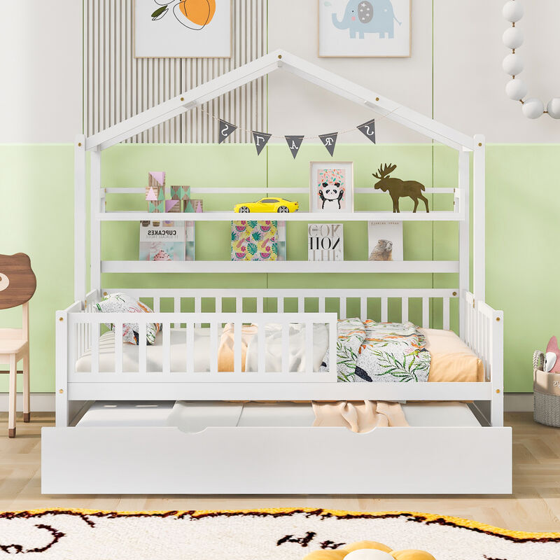 Merax Wooden House Bed with Twin Size Trundle