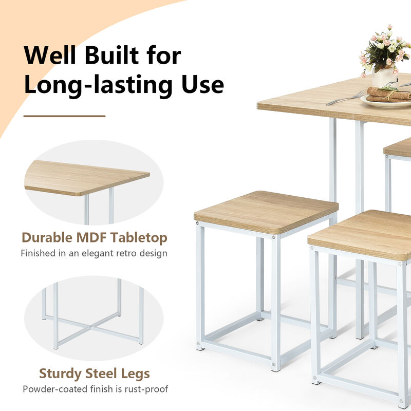 5 Pieces Metal Frame Dining Set with Compact Dining Table and 4 Stools-Natural