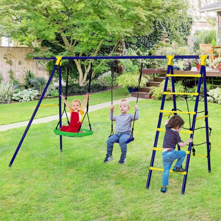 Hivvago 5-In-1 Outdoor Kids Swing Set with A-Shaped Metal Frame and Ground Stake
