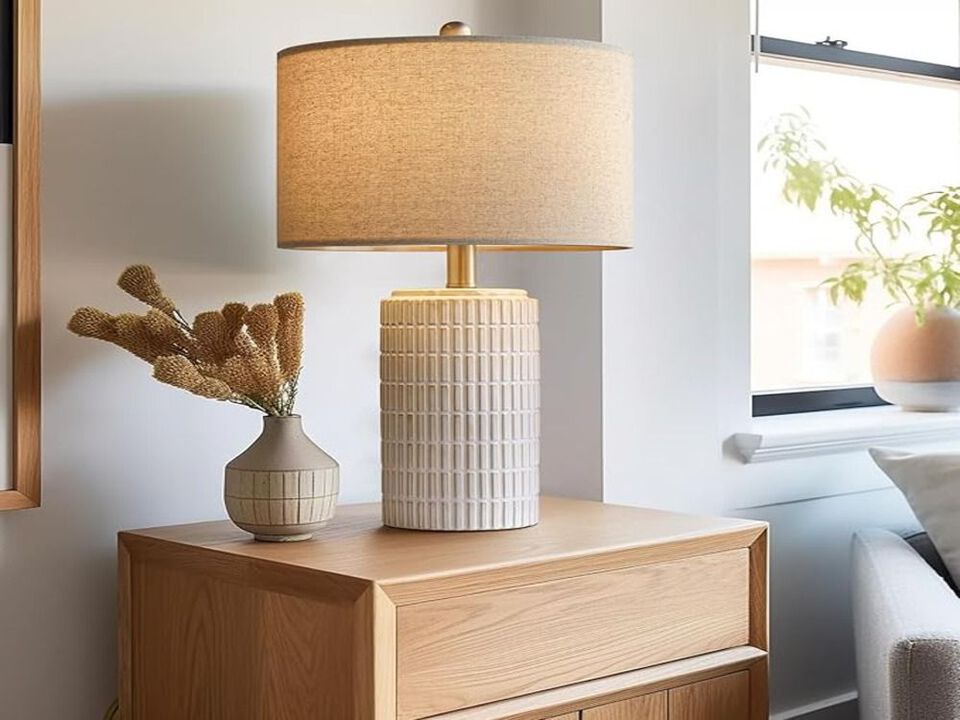 Set of 2 Modern 23" White Ceramic Table Lamps for Bedroom, Living Room, Beige Shade