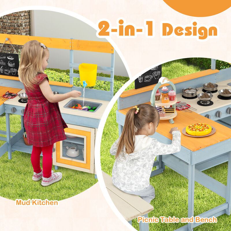 Fir Wood Play Kitchen with Kids Picnic Table and Built-in Bench