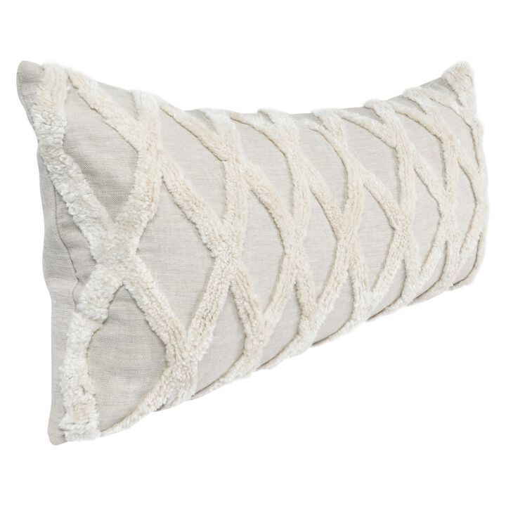 16 x 36 Lumbar Linen Accent Throw Pillow, Tufted Diamonds, Ivory White-Benzara