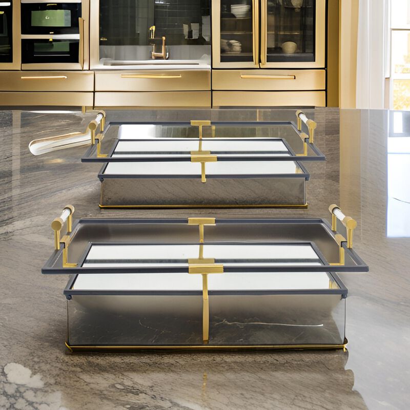 21, 27 Inch Set of 2 Decorative Trays with Mirror, Modern Frame, Gold, Black-Benzara