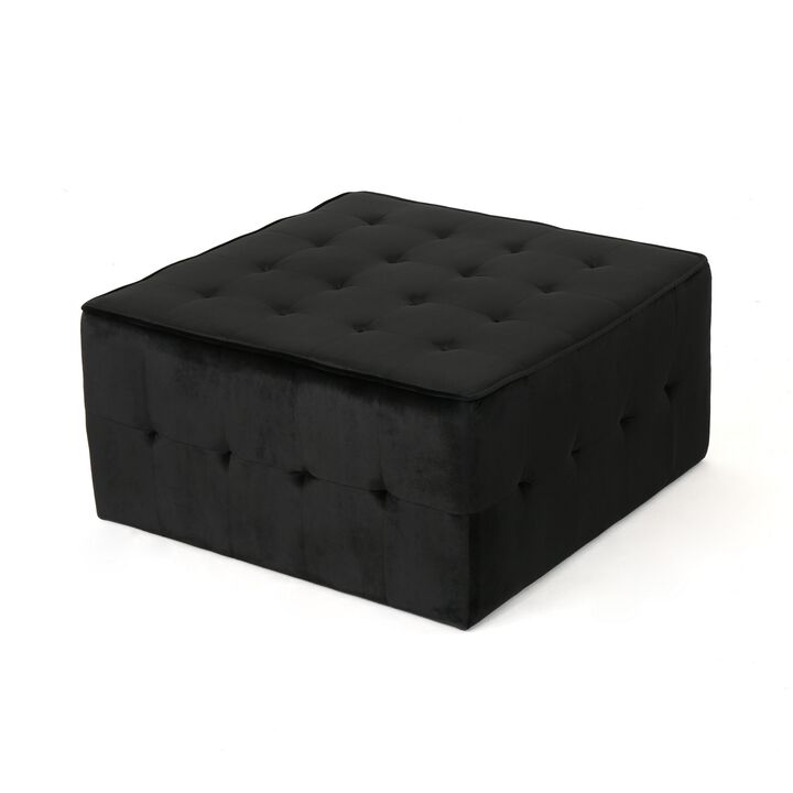 Ottoman, Tufted Soft Black Velvet, Iron Frame, Square 31 Inch Top - Benzara