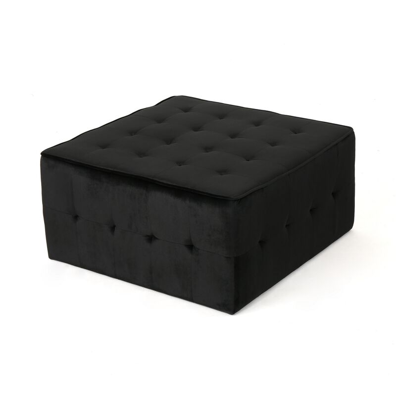 Ottoman, Tufted Soft Black Velvet, Iron Frame, Square 31 Inch Top - Benzara