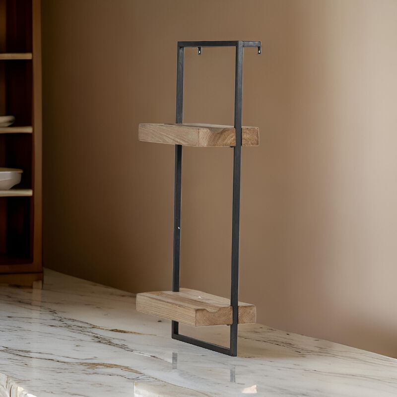 Yin 27 Inch Wall Shelf with 2 Tiers, Rectangular Black Iron, Brown Wood - Benzara