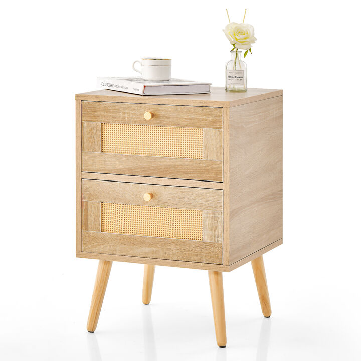 Rattan Nightstand Boho Accent Bedside Table with 2 Storage Drawers