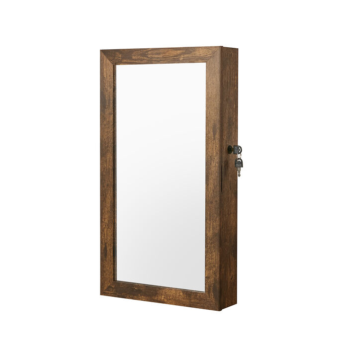 Space-Saving Wall-Mounted Jewelry Cabinet with Mirror and Lock - Rustic Brown Finish