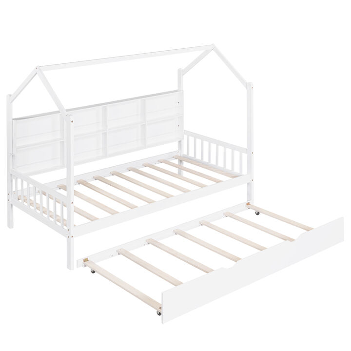 Wooden Twin Size House Bed With Trundle, Kids Bed With Shelf, White