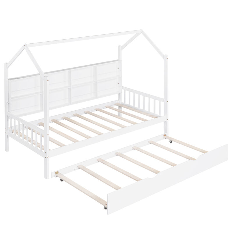 Wooden Twin Size House Bed With Trundle, Kids Bed With Shelf, White