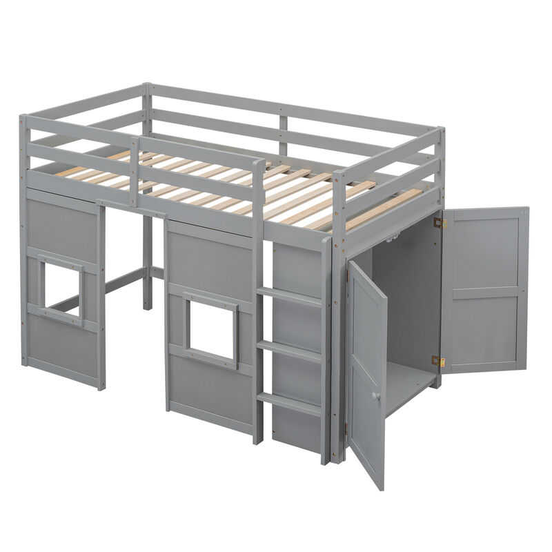 Merax Loft Bed with Storage Wardrobe and 2 Windows