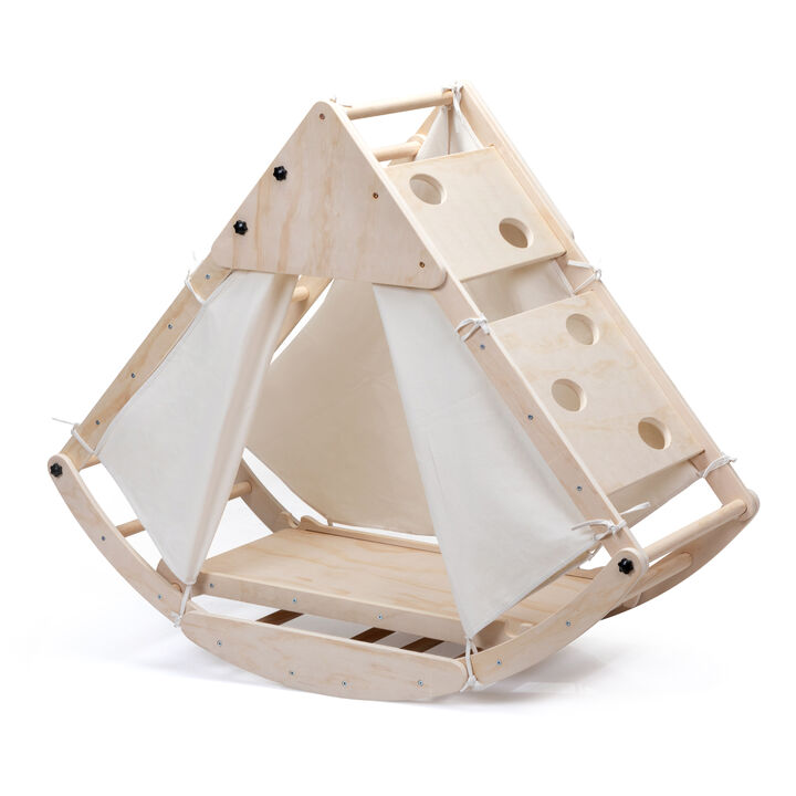 Pikler Triangle Set, Foldable Wooden Climbing Triangle Ladder with Ramp for Toddlers, Natural Wood