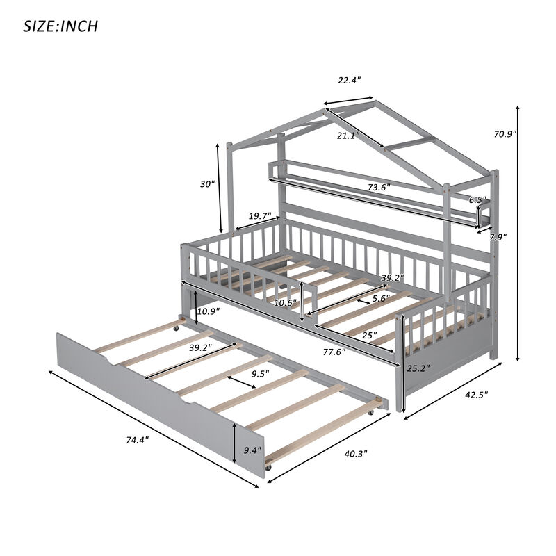 Merax Wooden House Bed with Twin Size Trundle