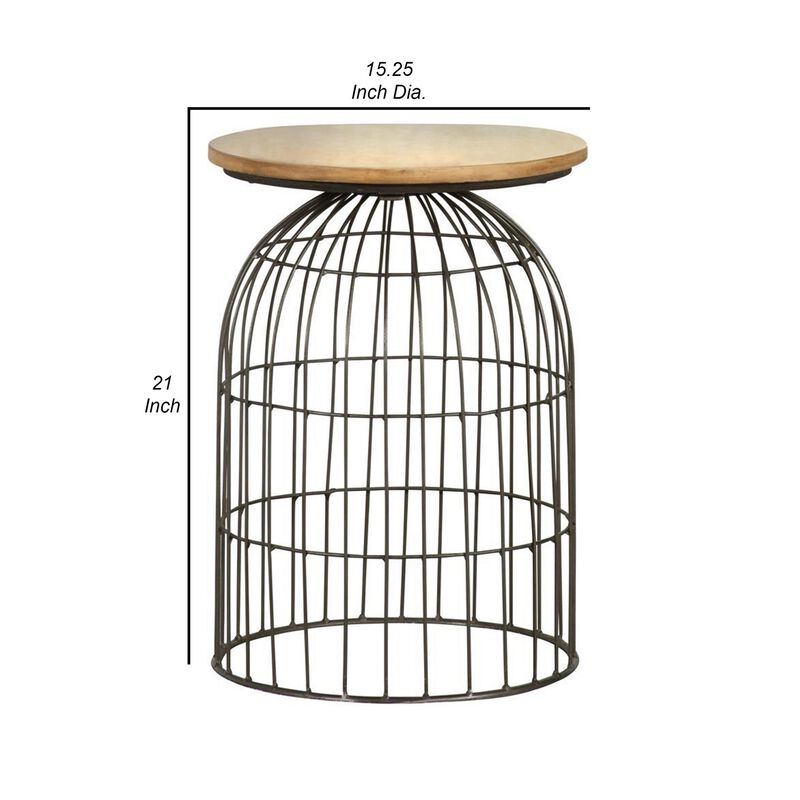 21 Inch Round Accent Table with Bird Cage Style Base, Beige Marble, Black - Benzara