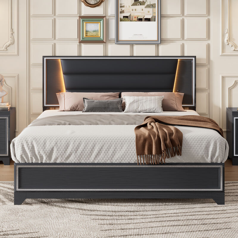 Merax PU Upholstered  Platform Bed  with LED Light