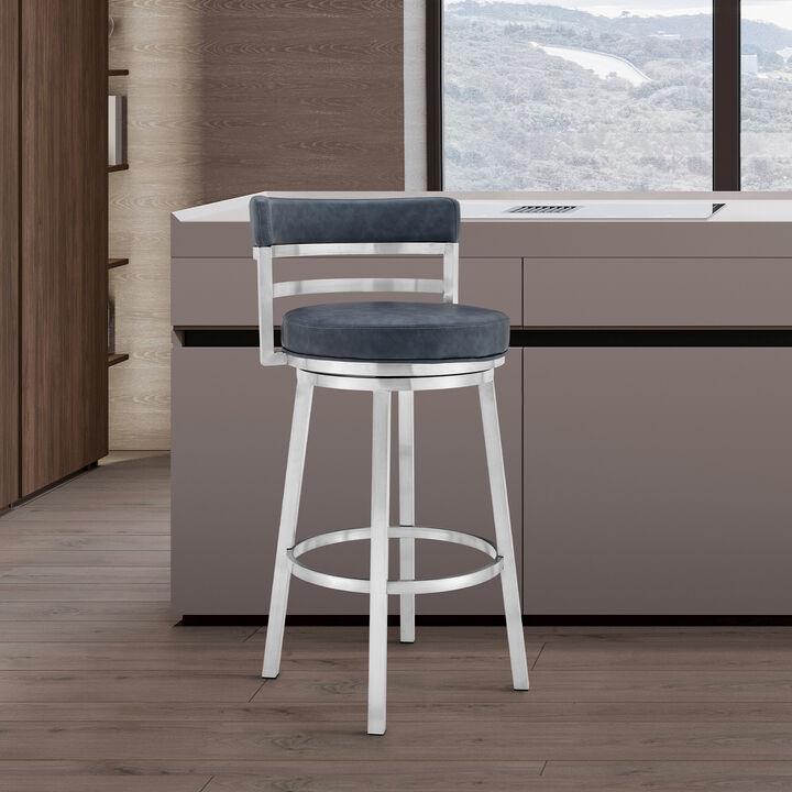 Titana Bar Height Swivel Black Faux Leather and Brushed Stainless Steel Bar Stool