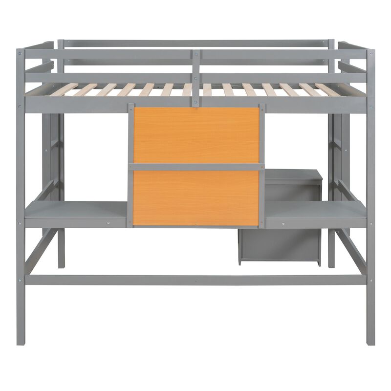 Loft Bed with Desk and Writing Board, Wooden Bed with 2-Drawer Cabinet for Storage