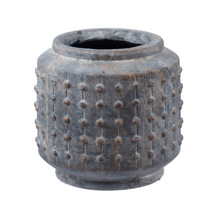 8 Inch Ceramic Planter, Round Curved Bubbled Texture, Weathered Gray Finish-Benzara