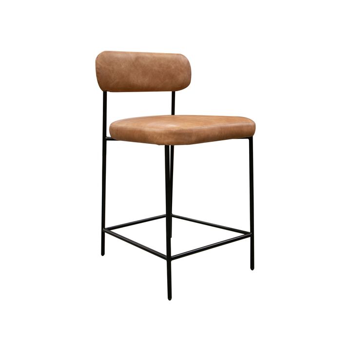Iffa Counter Height Chair, Open Back, Black Iron, Cognac Brown Faux Leather - Benzara Iffa Counter Height Chair, Open Back, Black Iron, Cognac Brown Faux Leather - Benzara