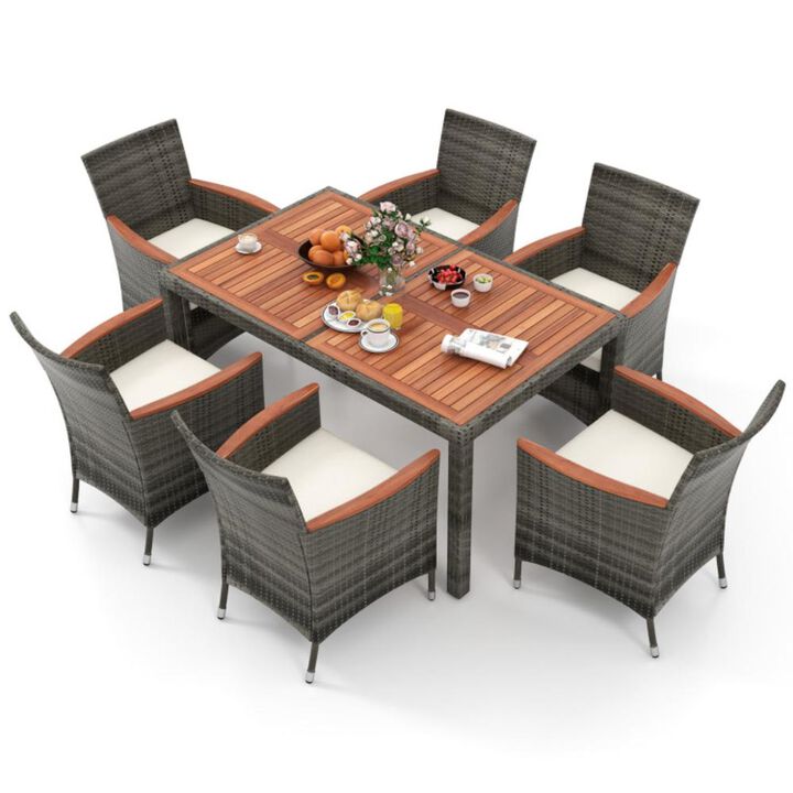 Hivvago 7 Pieces Patio Acacia Wood Cushioned PE Rattan Wicker Dining Set