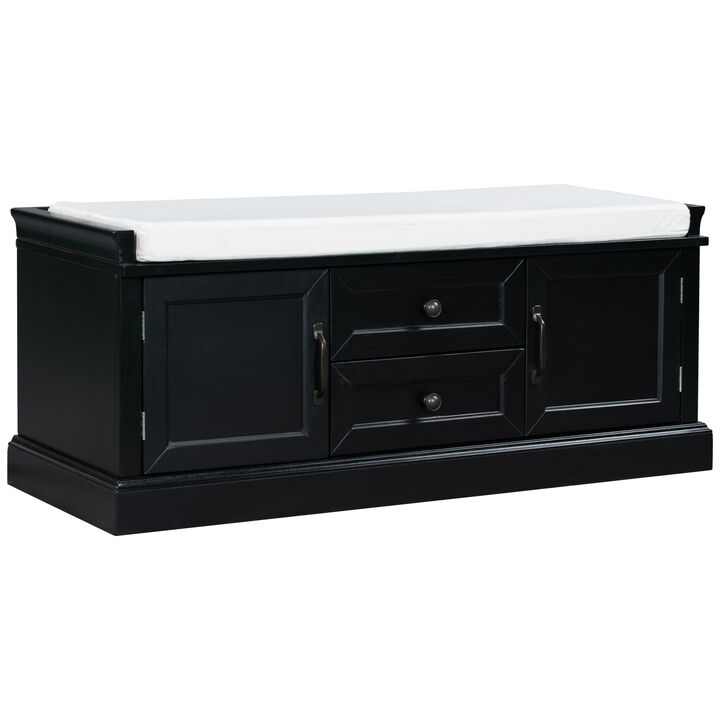 Storage Bench With 2 Drawers And 2 Cabinets, Shoe Bench With Removable Cushion For Living Room