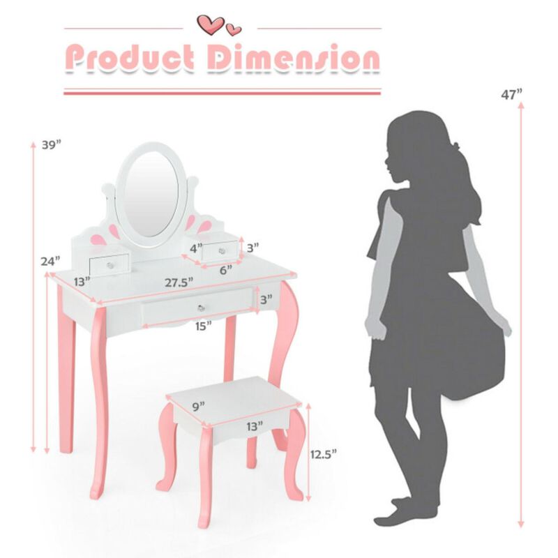 Hivvago Kids Vanity Princess Makeup Dressing Table Stool Set with Mirror and Drawer