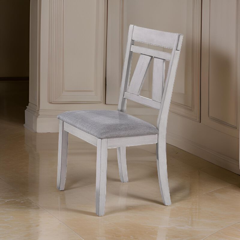 Wooden Side Chair with Fabric Upholstered Seat, Set of 2, White and Gray - Benzara