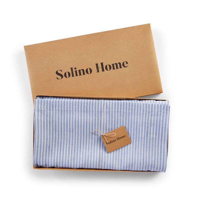 Solino Home 100% Pure Linen Table Throw 52 x 52 Inch | Narrow Stripe for Thanksgiving, Christmas