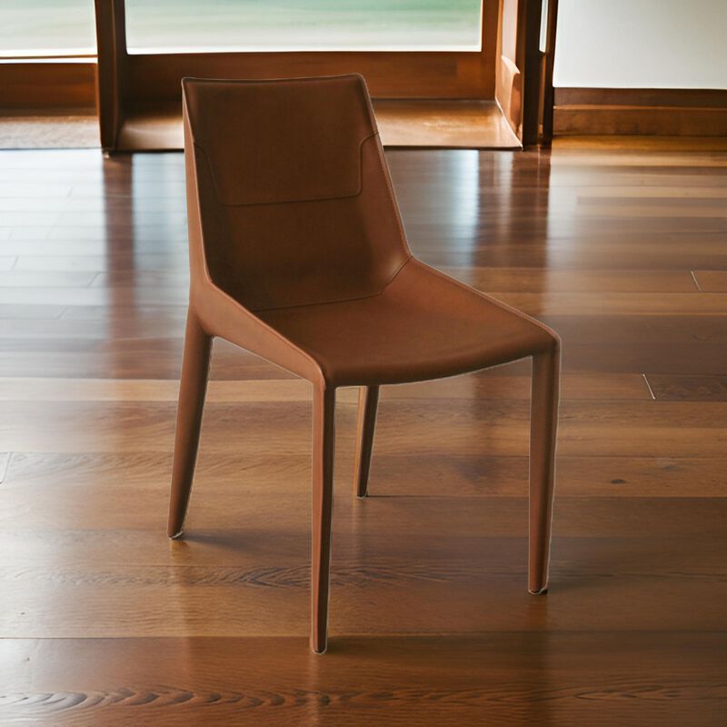 Cid Paz 19 Inch Dining Chair, Set of 2, Brown Saddle Leather, Tapered Legs -Benzara