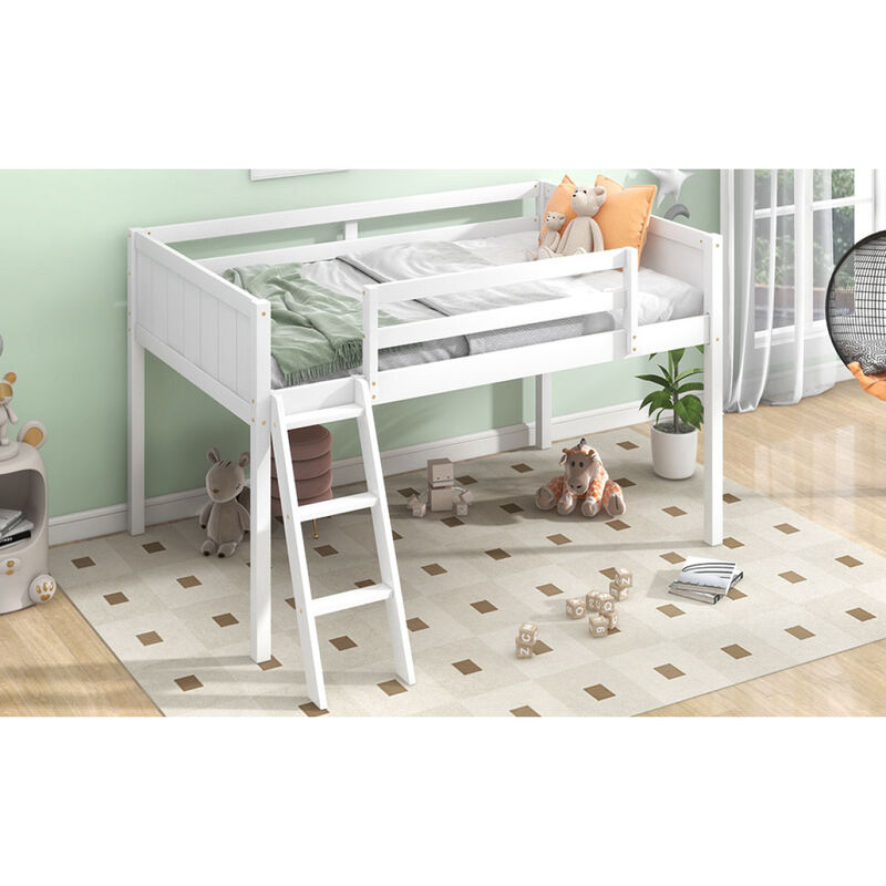Twin Size Wood Low Loft Bed With Ladder, Ladder Can Be Placed On The Left Or Right, White
