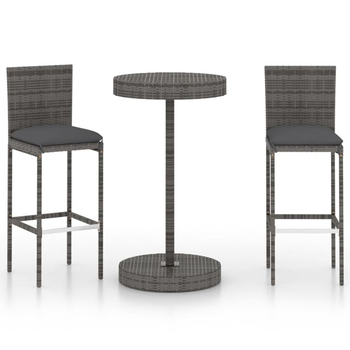 vidaXL 3 Piece Garden Bar Set with Cushions Poly Rattan Gray