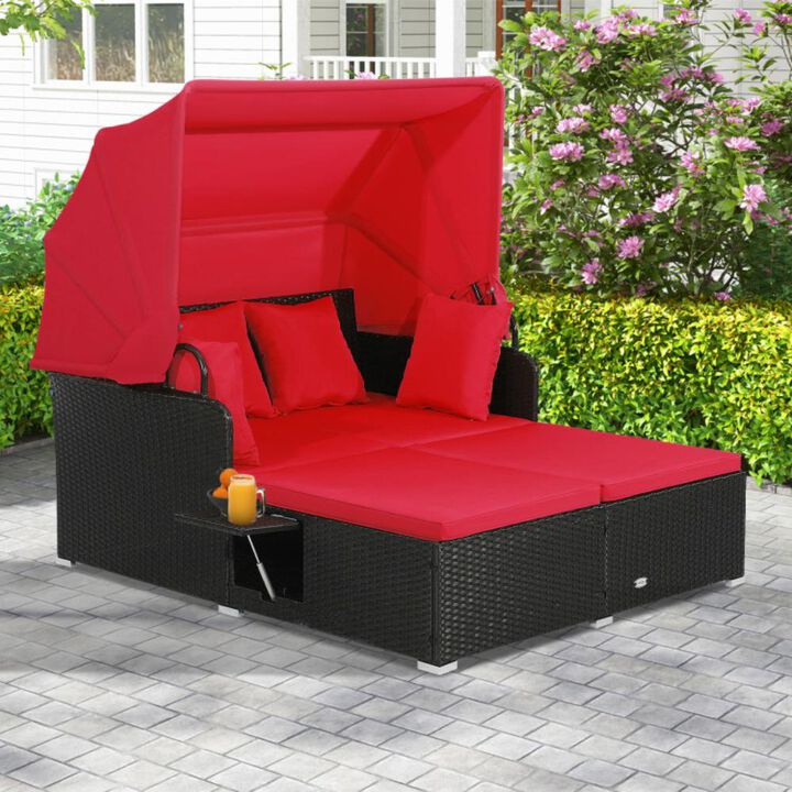 Hivvago Patio Rattan Daybed with Retractable Canopy and Side Tables