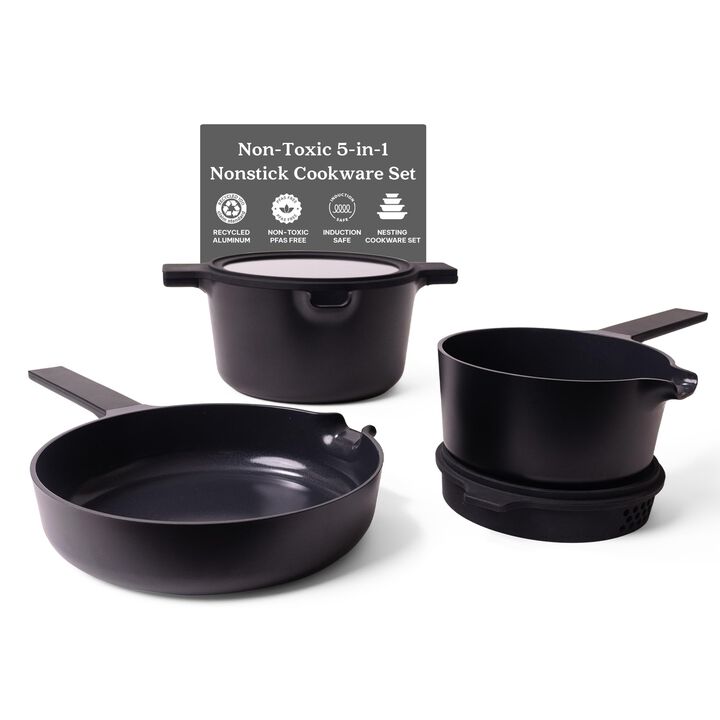 Alva Neat 5-in-1 Ceramic Nonstick Cookware Nesting Set, Recycled Aluminum Non-Toxic PFAS, PFOA & PTFE Free, Frying Pan, Cookware Set Compatible with All Cooktops & Induction Safe, Oven Safe