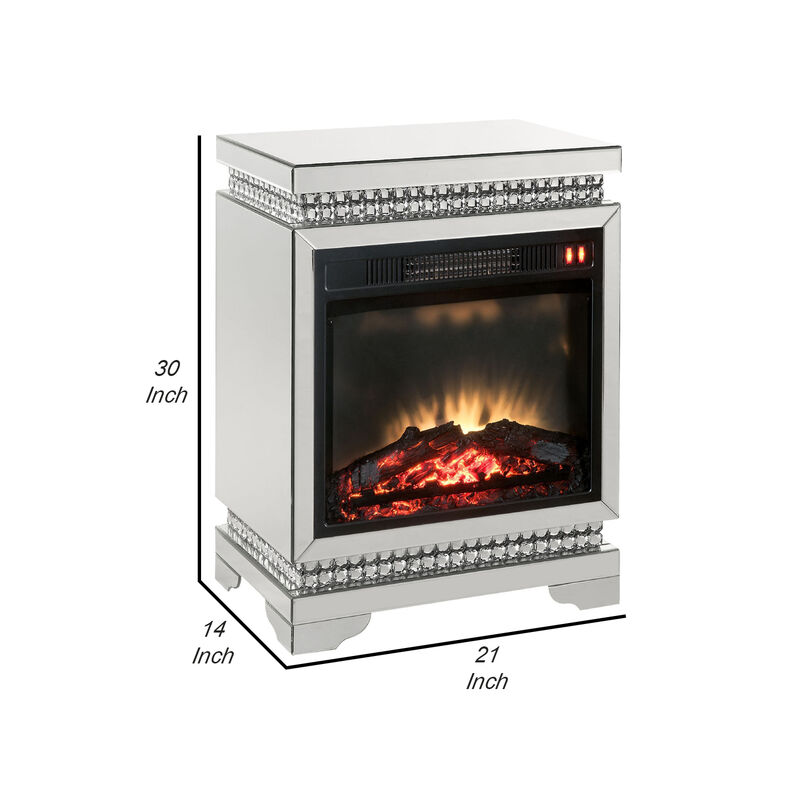 Electric Fireplace with Mirror Panel Framing and Faux Diamonds, Silver-Benzara