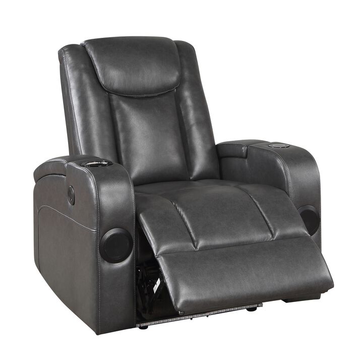 Emily 38 Inch Power Recliner Chair, Cooling Cupholder, LED, Gray PU Leather - Benzara