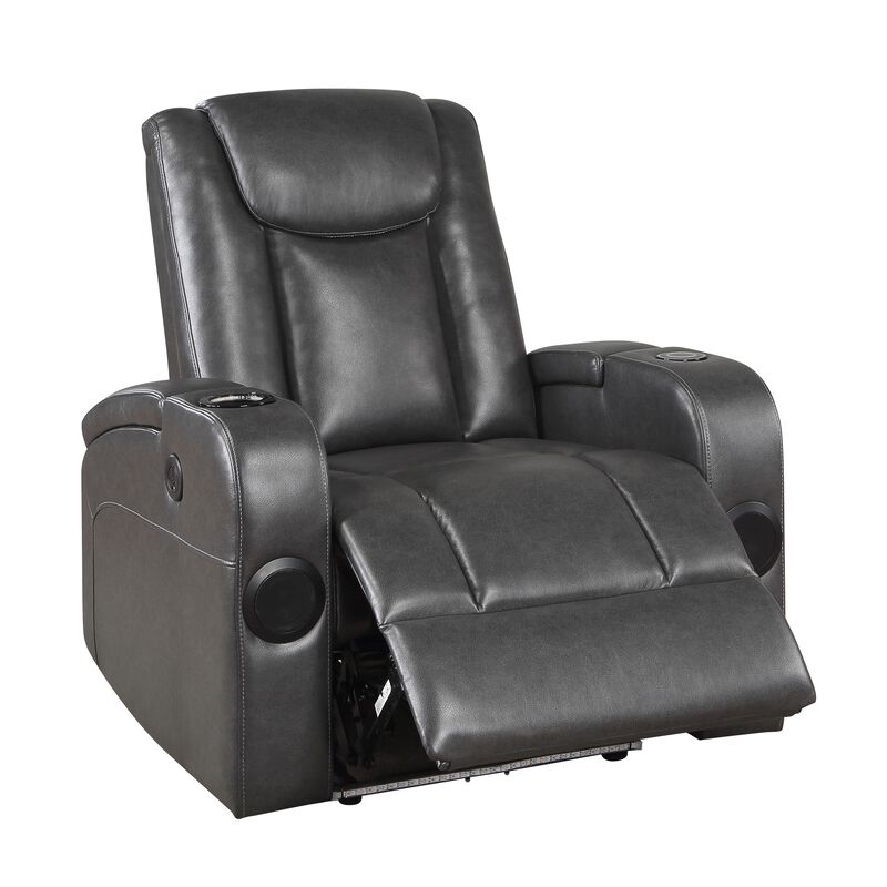 Emily 38 Inch Power Recliner Chair, Cooling Cupholder, LED, Gray PU Leather - Benzara
