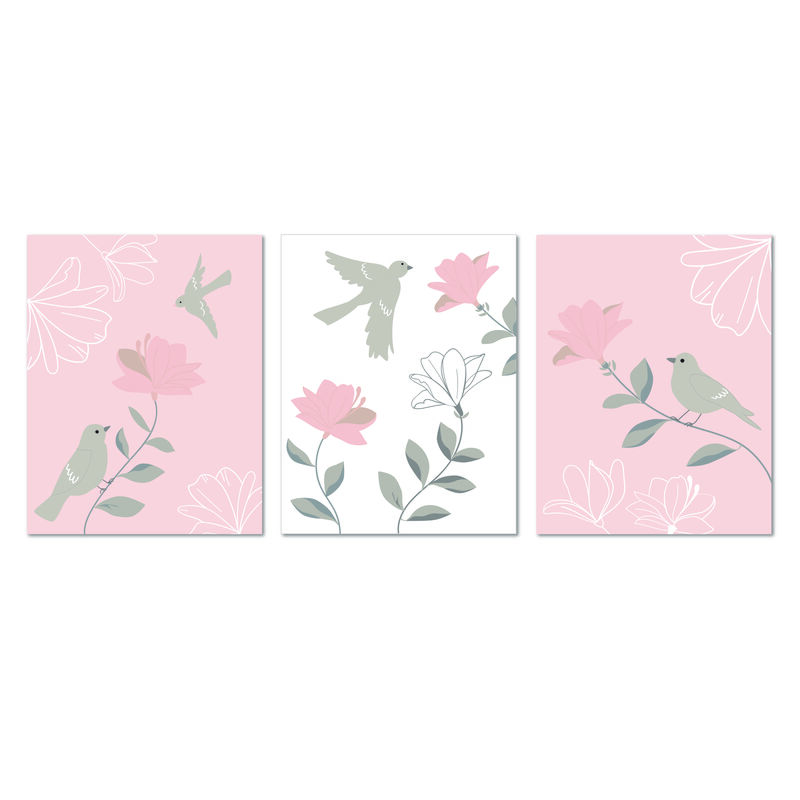 Lambs & Ivy Petals Pink/Gray/White Floral/Birds 11 by 14 Unframed Wall Art 3pc
