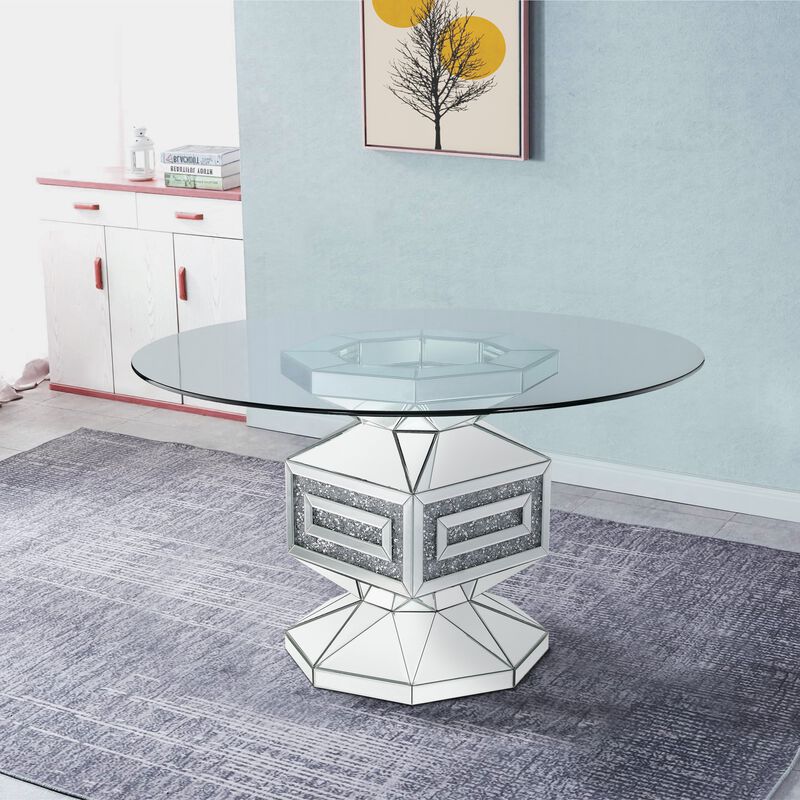 Dining Table with Glass Top and Mirrored Pedestal Base, Silver - Benzara