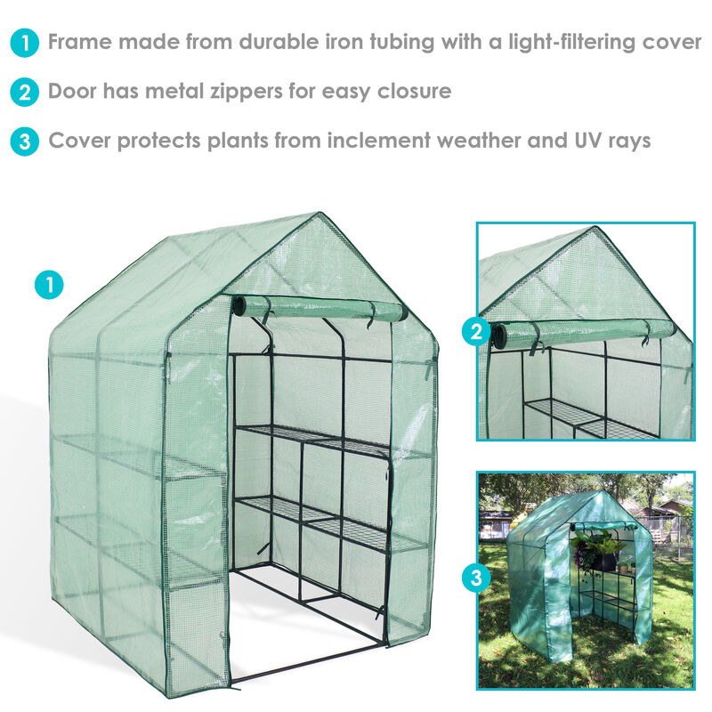 Sunnydaze Large Iron PE Cover Walk-In Greenhouse with 4 Shelves - Green