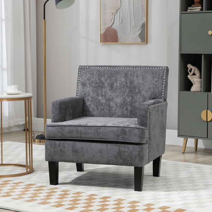 Dark Gray Living Room Accent: Modern Armchair with Wood Legs & Trim