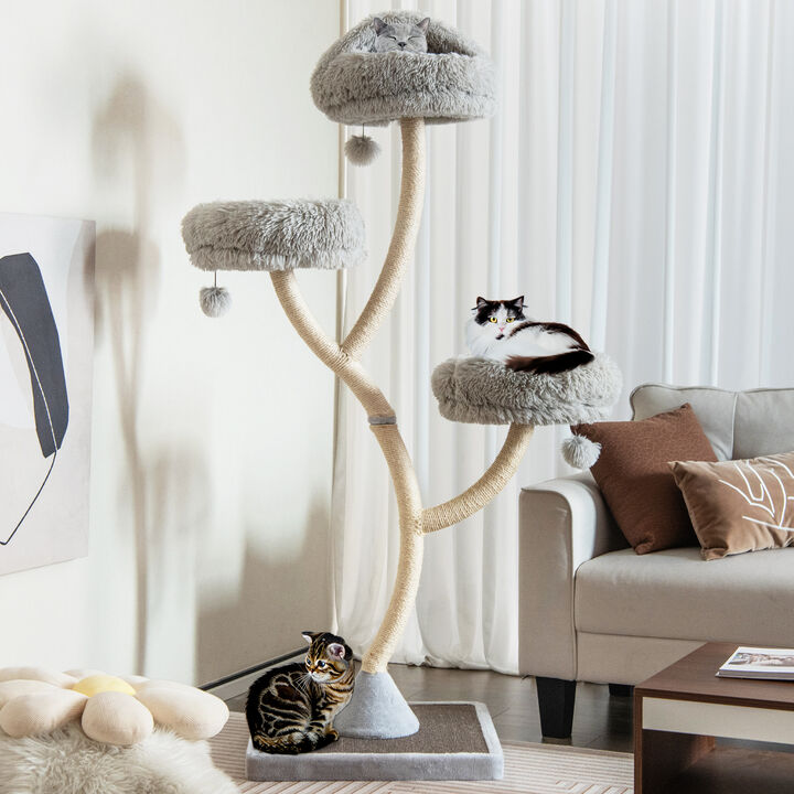 70" Tall Cat Tree 4-Layer Cat Tower with 3 Perches and Dangling Balls-Grey