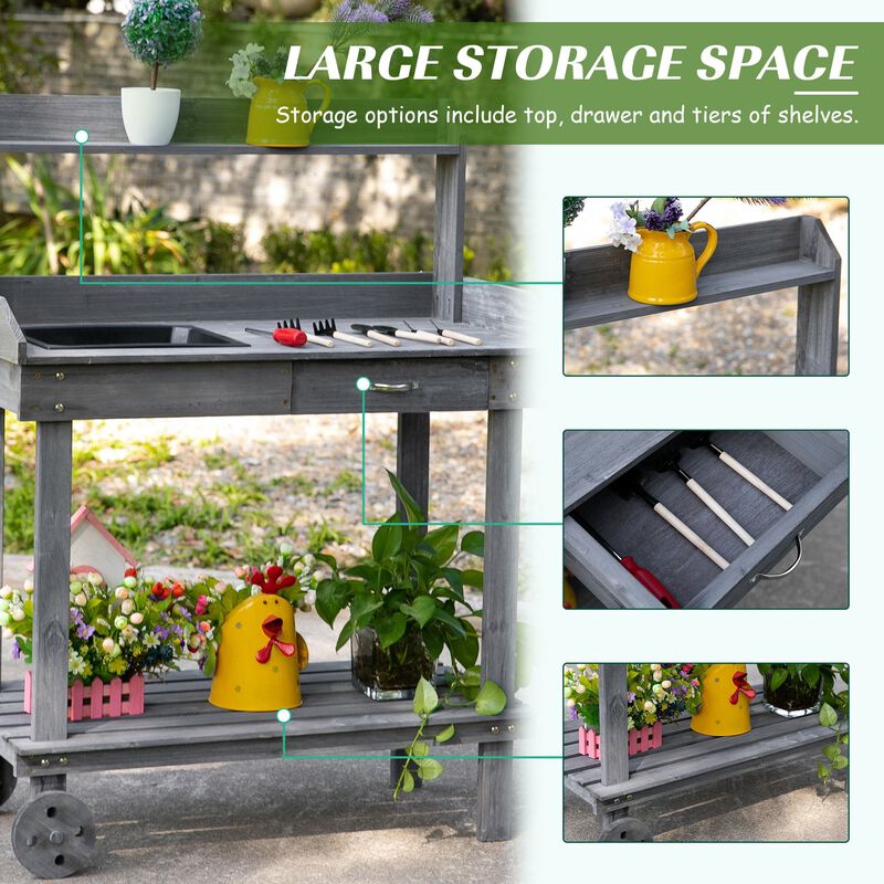 Gray Mobile Garden Aid: Potting Bench with Wheels, Sink, and Storage