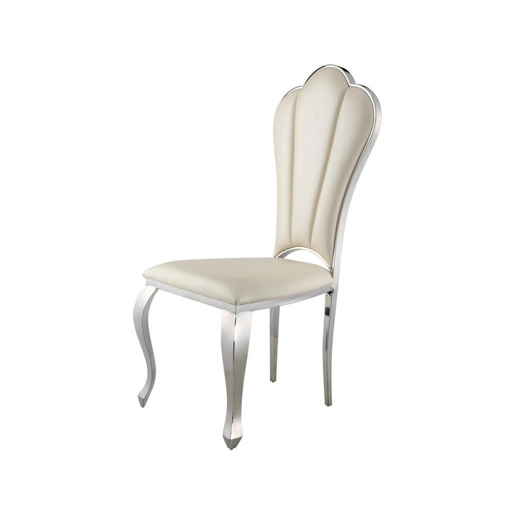 Kuri 23 Inch Dining Chair, Scalloped Back, Vegan Leather, Set of 2, Beige-Benzara