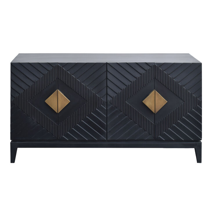 55 Inch Sideboard Buffet Console with 2 Door Cabinet, Brass Coated Diamond Cut Handles, Matte Black Mango Wood - Benzara
